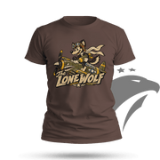 A brown short-sleeve crewneck t-shirt featuring a graphic of a wolf in a pilot helmet flying a vintage fighter plane, with the text 'The LONE WOLF' below. The shirt is displayed on a clean white background with a subtle shadow at the bottom.