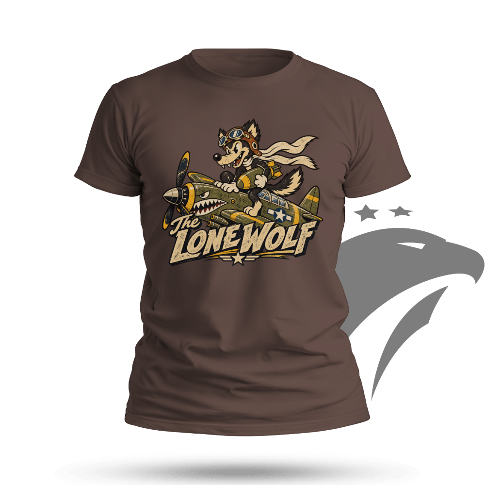 A brown short-sleeve crewneck t-shirt featuring a graphic of a wolf in a pilot helmet flying a vintage fighter plane, with the text 'The LONE WOLF' below. The shirt is displayed on a clean white background with a subtle shadow at the bottom.