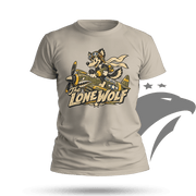 A light beige crewneck t-shirt featuring a graphic of a cartoon lone wolf in a pilot helmet flying a yellow and green fighter plane, with the text 'THE LONE WOLF' below. The t-shirt is displayed on a solid green background with a gray eagle silhouette and a black oval shadow underneath.