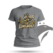 A heather gray short-sleeve t-shirt featuring a graphic of a cartoon wolf in a flight helmet riding a vintage fighter plane, with the text 'The Lone Wolf' below. The t-shirt is displayed on a clean white background with a subtle shadow at the bottom.