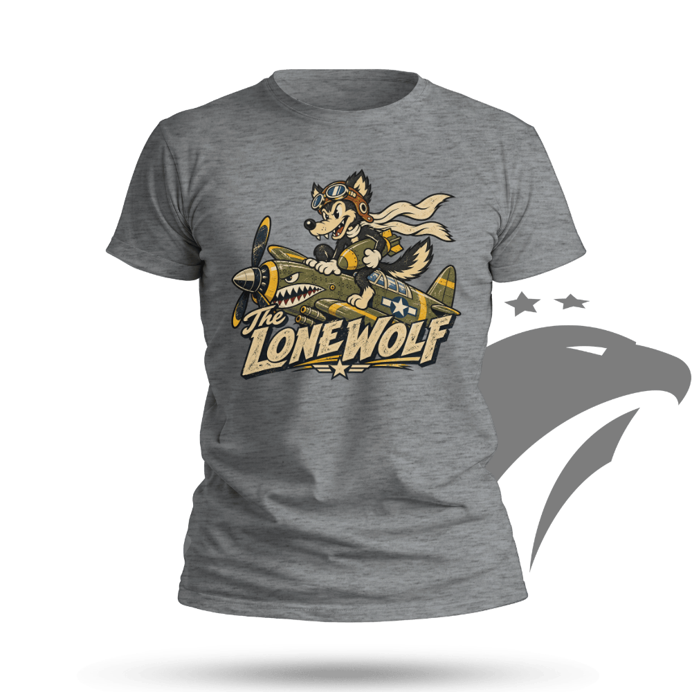 A heather gray short-sleeve t-shirt featuring a graphic of a cartoon wolf in a flight helmet riding a vintage fighter plane, with the text 'The Lone Wolf' below. The t-shirt is displayed on a clean white background with a subtle shadow at the bottom.