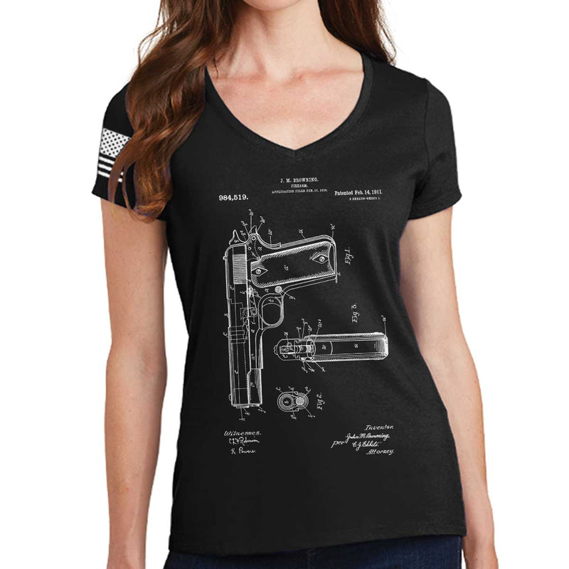 Ladies 1911 Pistol Blueprint V-Neck T-shirt