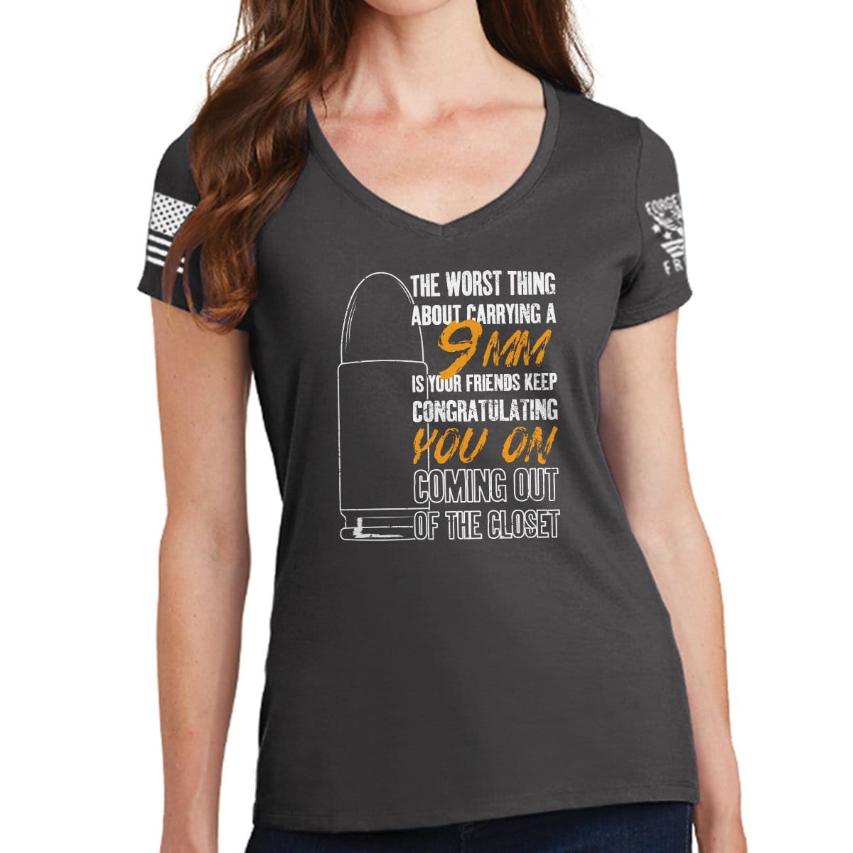 Ladies TYM 9mm Coming Out of The Closet V-Neck T-shirt