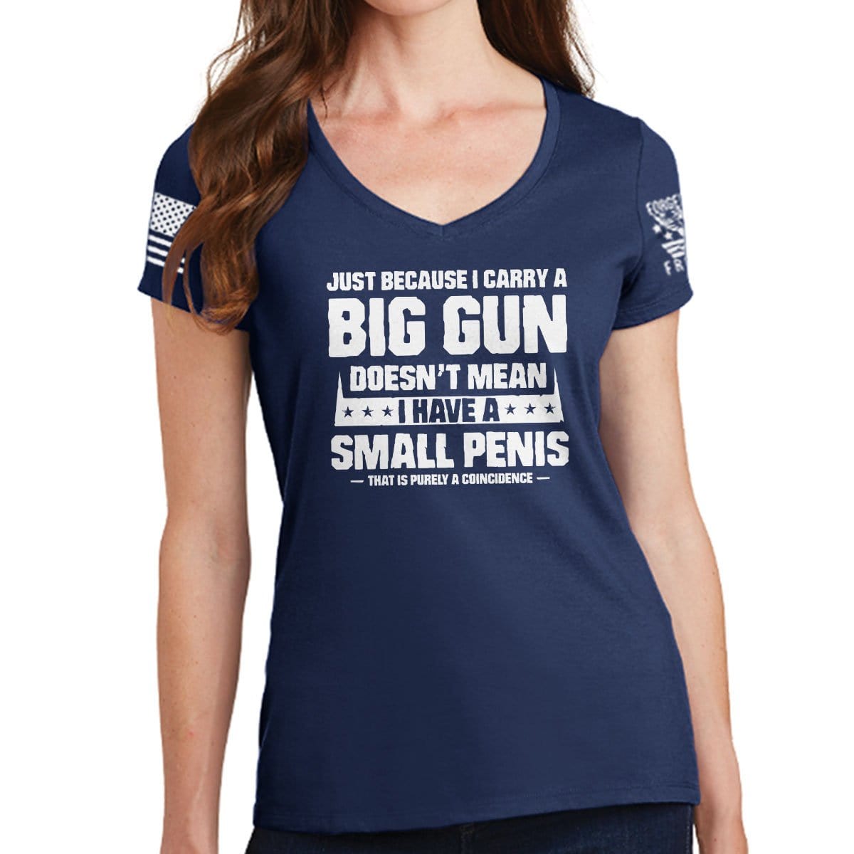 Ladies TYM Big Gun Small Penis V-Neck T-shirt – Forged From Freedom Small Penis BIG WAR TシャツHanes