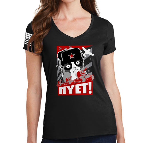 Ladies NIET Grumpy Russian Cat V-Neck T-shirt