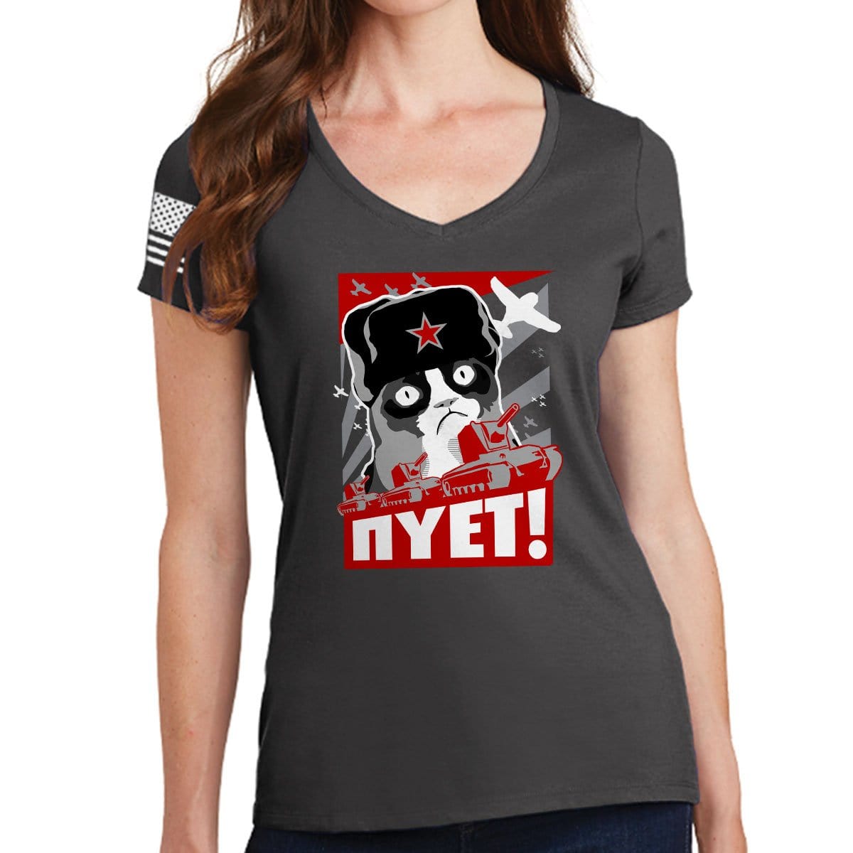 Ladies NIET Grumpy Russian Cat V-Neck T-shirt